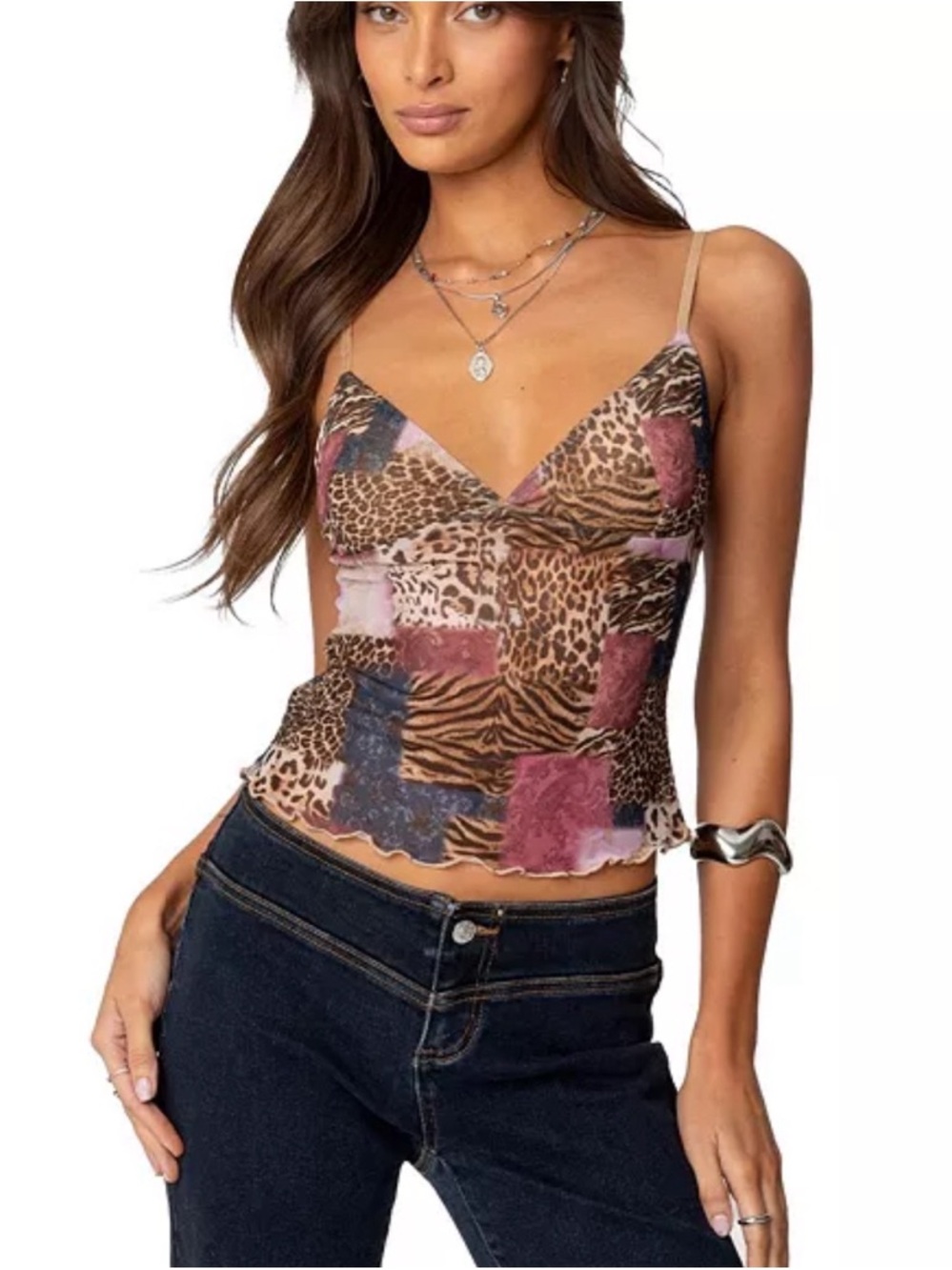 EDIKTED Animal Print Sheer Cropped Lettuce Hem Party Mesh Tank Top Size Small